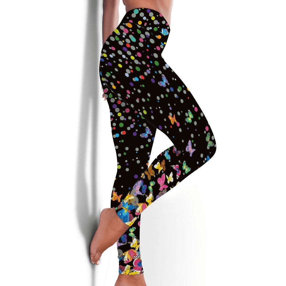 Colorful printed women's seamless workout leggings, full-length and elastic waist, perfect for yoga and running.